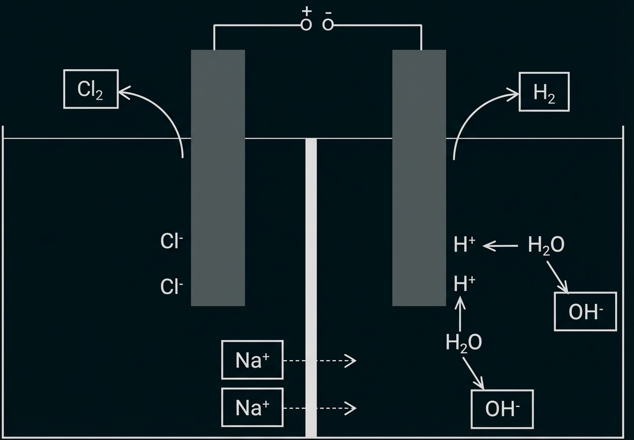 Schematische Elektrolyse von NaCl-Lösung: Anode bildet Cl2, Kathode H2, Na+-Transport durch Membran, OH− Bildung.